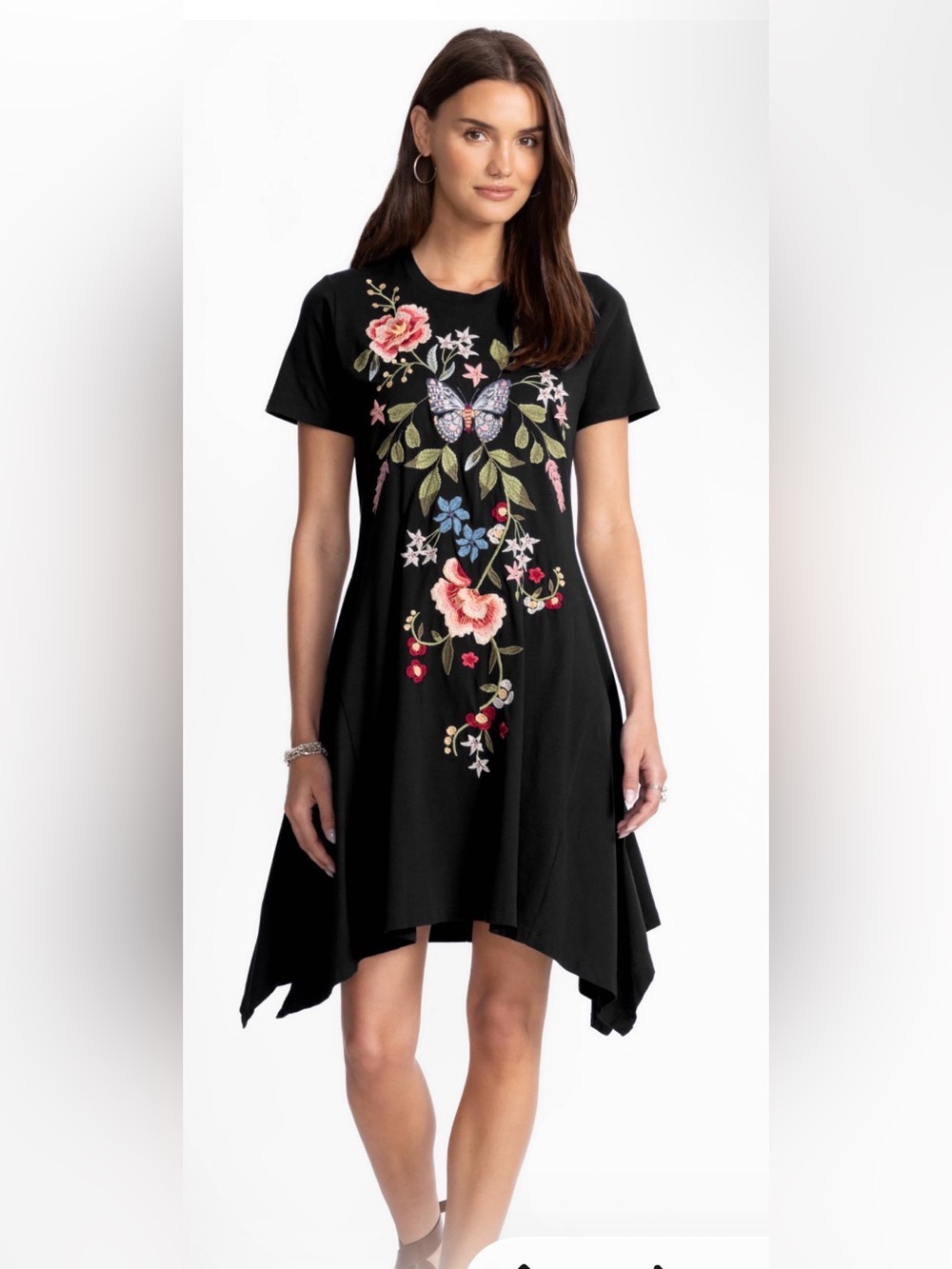 Johnny Was Black Floral Butterfly Embroidered Handkerchief Dress S Flawed